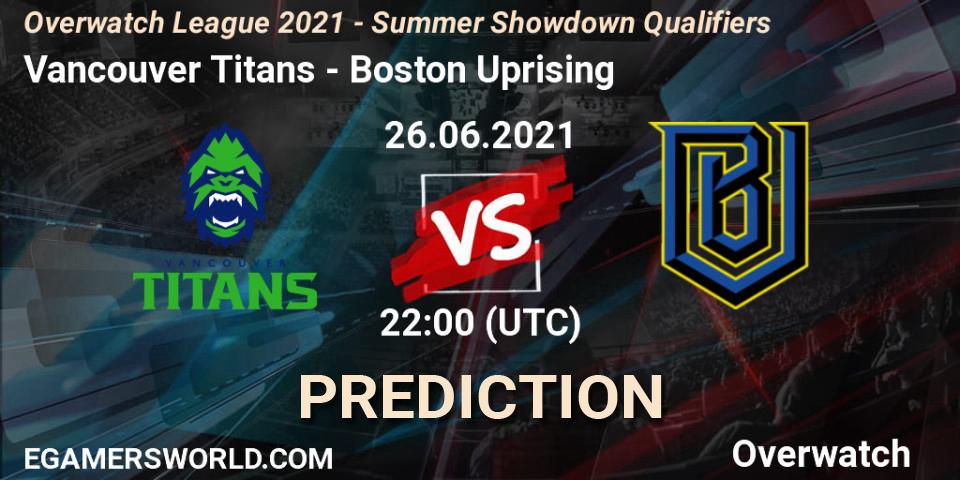 Pronósticos Vancouver Titans - Boston Uprising. 26.06.2021 at 23:00. Overwatch League 2021 - Summer Showdown Qualifiers - Overwatch