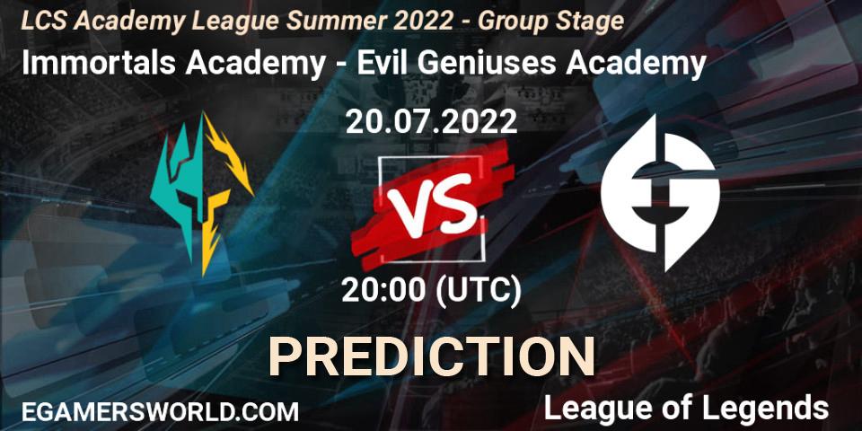 Pronósticos Immortals Academy - Evil Geniuses Academy. 20.07.2022 at 20:00. LCS Academy League Summer 2022 - Group Stage - LoL