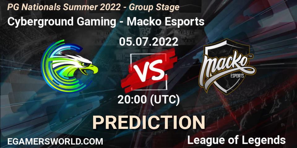 Pronósticos Cyberground Gaming - Macko Esports. 05.07.2022 at 20:00. PG Nationals Summer 2022 - Group Stage - LoL