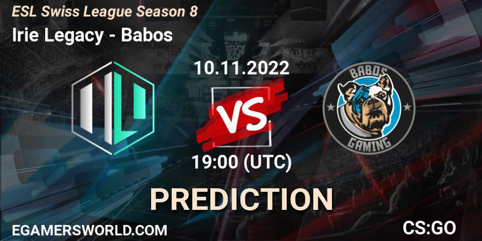 Pronósticos Irie Legacy - Babos. 10.11.2022 at 19:00. ESL Swiss League Season 8 - Counter-Strike (CS2)