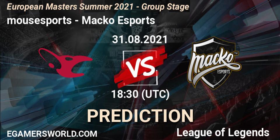 Pronósticos mousesports - Macko Esports. 31.08.2021 at 18:30. European Masters Summer 2021 - Group Stage - LoL