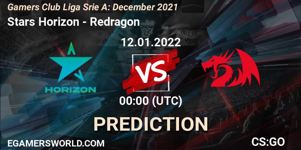 Pronósticos Stars Horizon - Redragon. 12.01.2022 at 00:00. Gamers Club Liga Série A: December 2021 - Counter-Strike (CS2)
