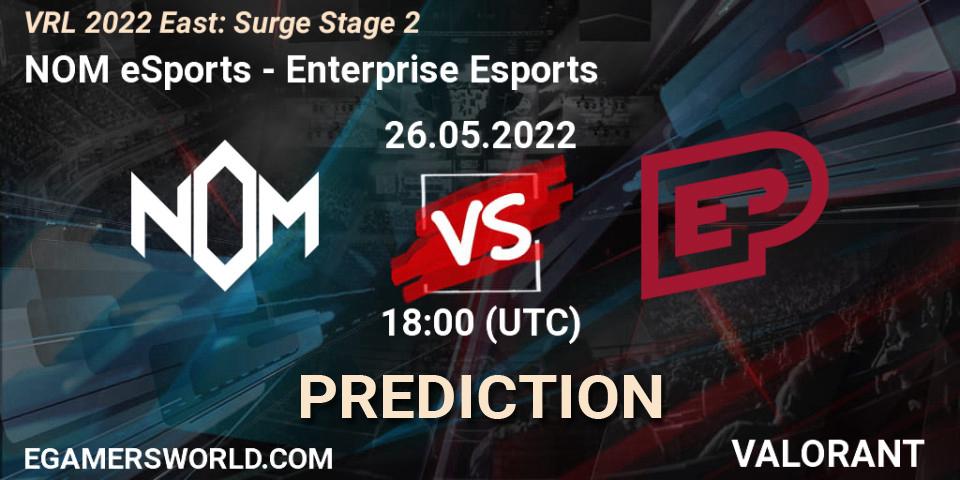 Pronósticos NOM eSports - Enterprise Esports. 26.05.2022 at 18:25. VRL 2022 East: Surge Stage 2 - VALORANT