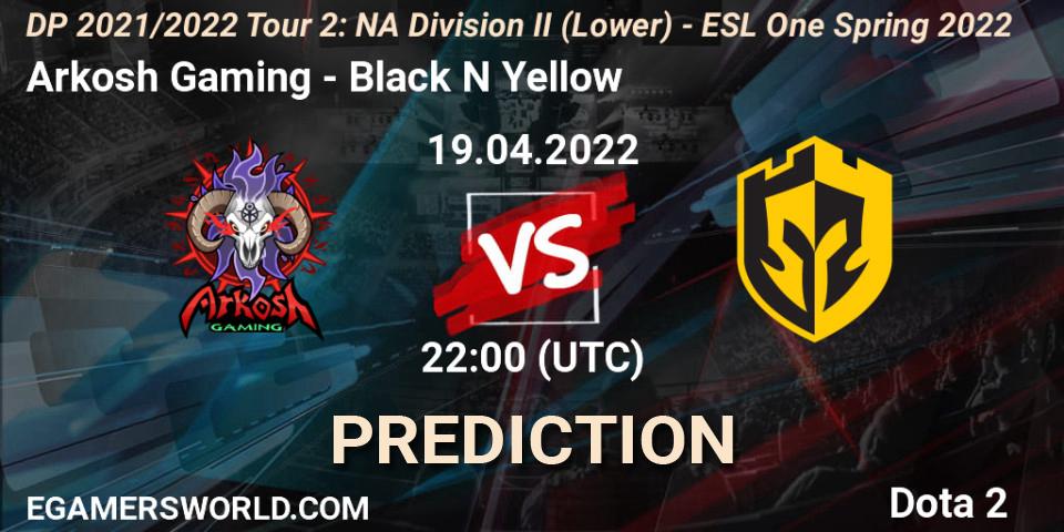 Pronósticos Arkosh Gaming - Black N Yellow. 19.04.2022 at 21:57. DP 2021/2022 Tour 2: NA Division II (Lower) - ESL One Spring 2022 - Dota 2