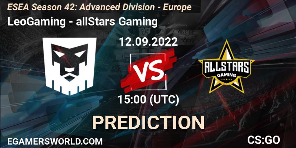 Pronósticos LeoGaming - allStars Gaming. 12.09.2022 at 15:00. ESEA Season 42: Advanced Division - Europe - Counter-Strike (CS2)