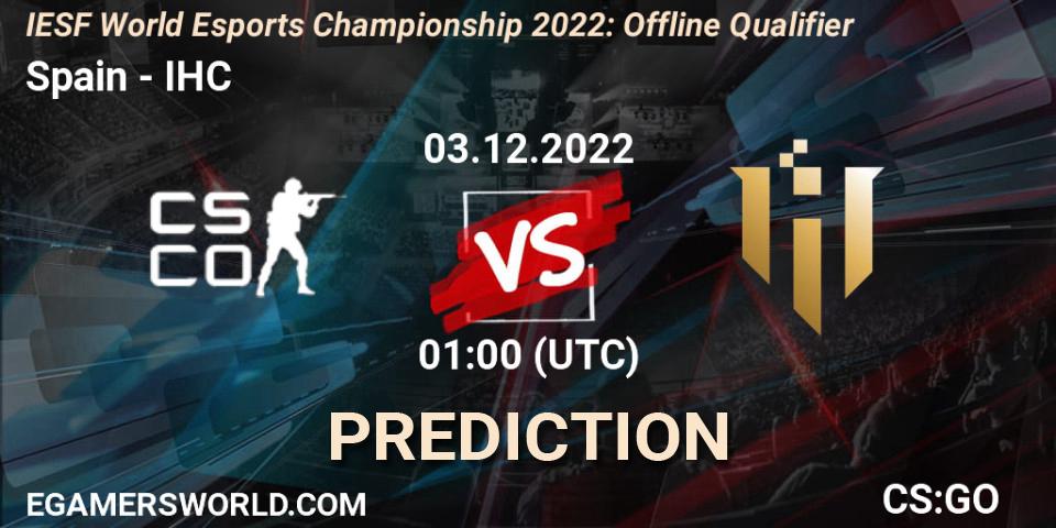 Pronósticos Spain - IHC. 03.12.2022 at 01:00. IESF World Esports Championship 2022: Offline Qualifier - Counter-Strike (CS2)