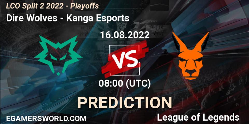 Pronósticos Dire Wolves - Kanga Esports. 16.08.2022 at 08:00. LCO Split 2 2022 - Playoffs - LoL