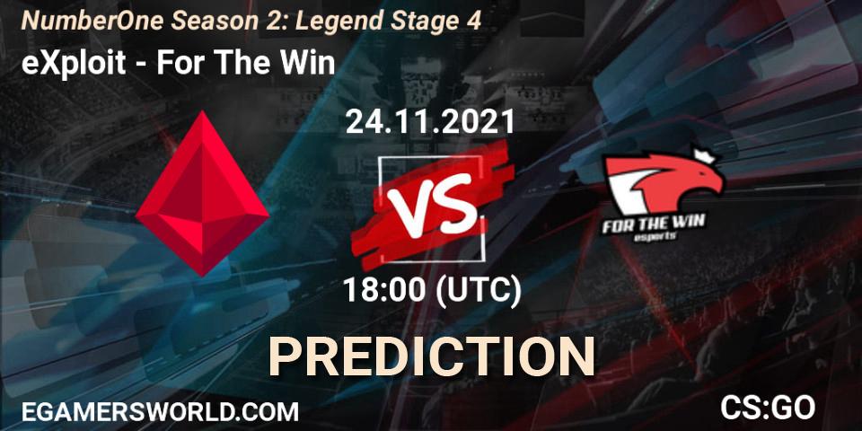 Pronósticos eXploit - For The Win. 24.11.2021 at 18:00. NumberOne Season 2: Legend Stage 4 - Counter-Strike (CS2)