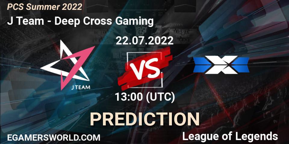 Pronósticos J Team - Deep Cross Gaming. 22.07.2022 at 11:00. PCS Summer 2022 - LoL