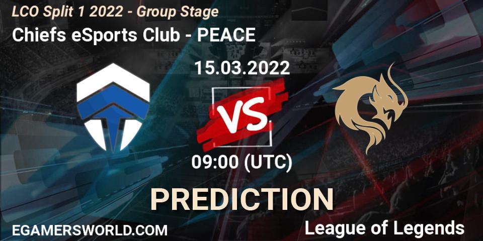 Pronósticos Chiefs eSports Club - PEACE. 15.03.2022 at 09:00. LCO Split 1 2022 - Group Stage - LoL