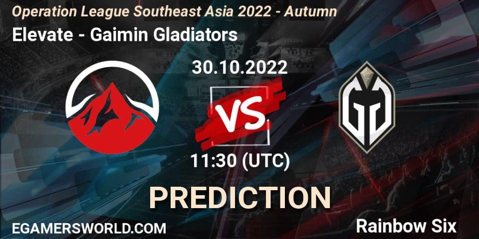 Pronósticos Elevate - Gaimin Gladiators. 30.10.2022 at 11:30. Operation League Southeast Asia 2022 - Autumn - Rainbow Six