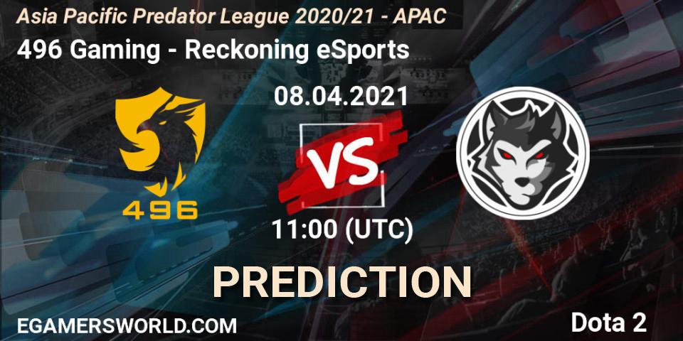 Pronósticos 496 Gaming - Reckoning eSports. 08.04.2021 at 11:02. Asia Pacific Predator League 2020/21 - APAC - Dota 2