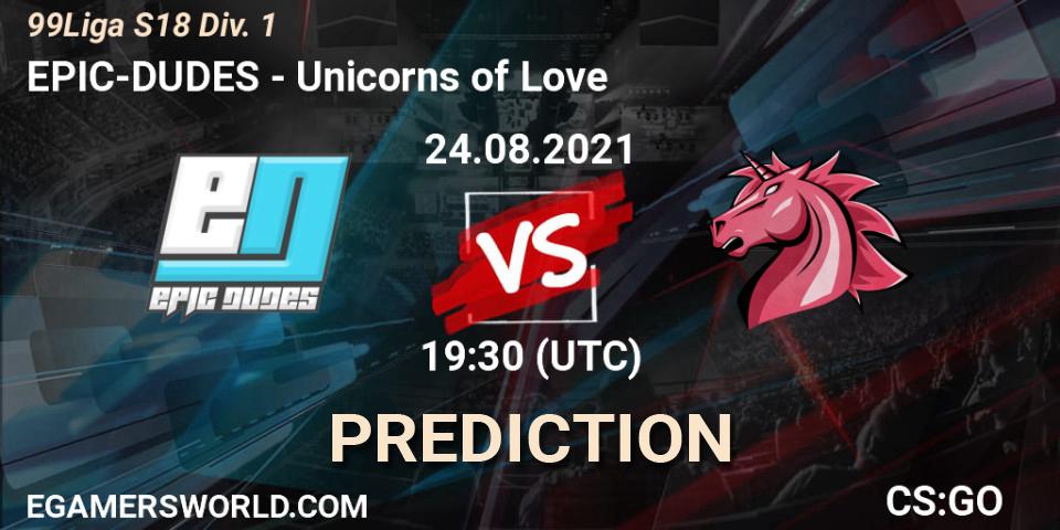 Pronósticos EPIC-DUDES - Unicorns of Love. 24.08.2021 at 19:30. 99Liga S18 Div. 1 - Counter-Strike (CS2)
