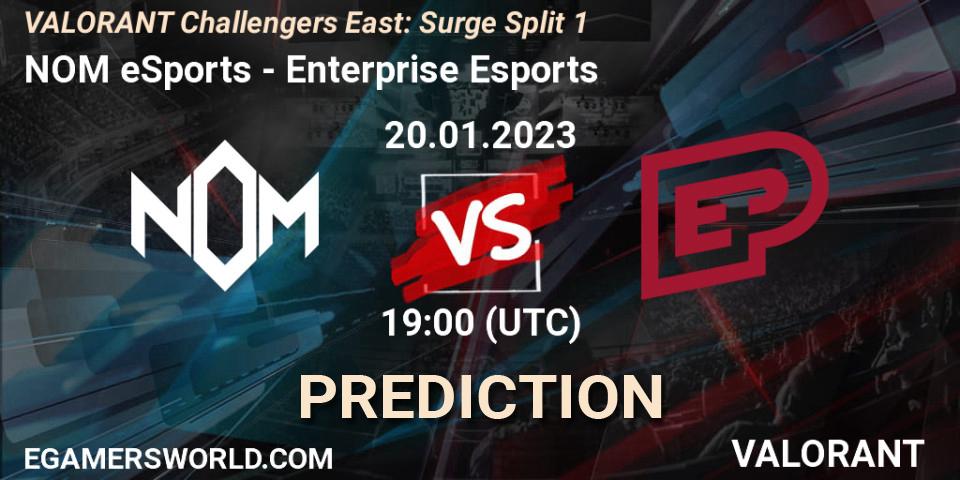 Pronósticos NOM eSports - Enterprise Esports. 20.01.2023 at 19:20. VALORANT Challengers 2023 East: Surge Split 1 - VALORANT