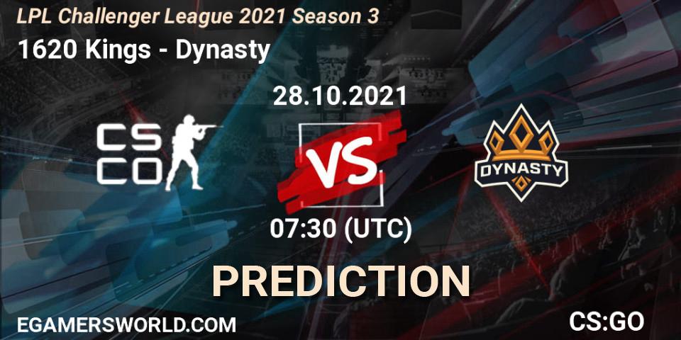 Pronósticos 1620 Kings - Dynasty. 28.10.2021 at 07:30. LPL Challenger League 2021 Season 3 - Counter-Strike (CS2)