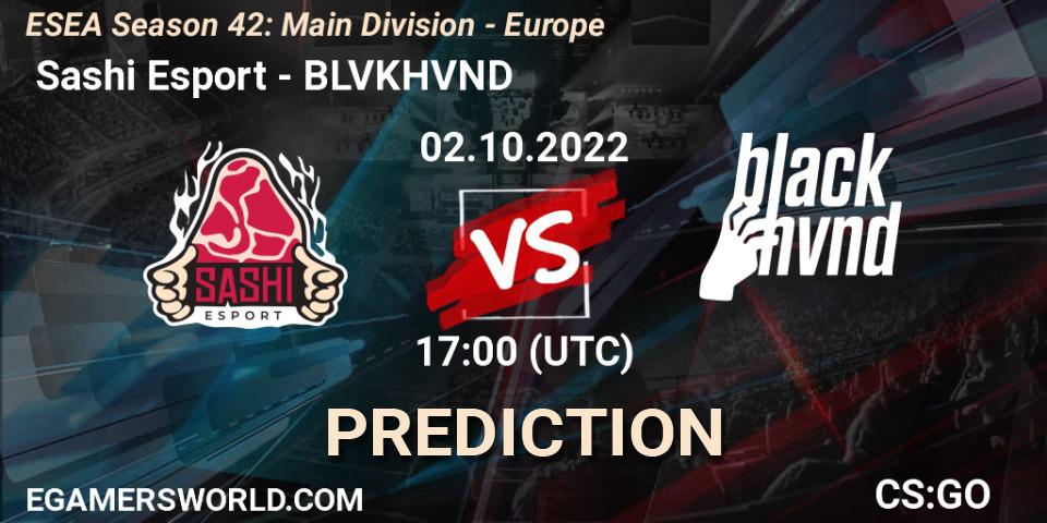 Pronósticos Sashi Esport - BLVKHVND. 02.10.2022 at 17:00. ESEA Season 42: Main Division - Europe - Counter-Strike (CS2)