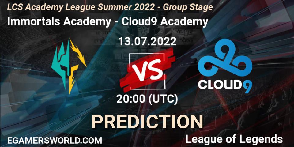 Pronósticos Immortals Academy - Cloud9 Academy. 13.07.2022 at 20:00. LCS Academy League Summer 2022 - Group Stage - LoL
