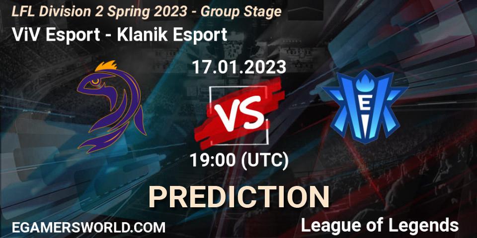Pronósticos ViV Esport - Klanik Esport. 17.01.2023 at 19:00. LFL Division 2 Spring 2023 - Group Stage - LoL