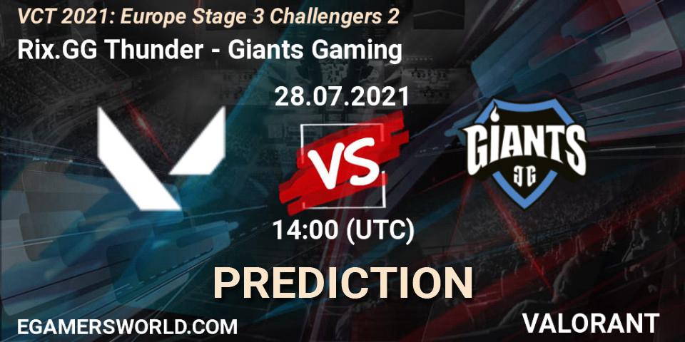 Pronósticos Rix.GG Thunder - Giants Gaming. 28.07.2021 at 15:00. VCT 2021: Europe Stage 3 Challengers 2 - VALORANT