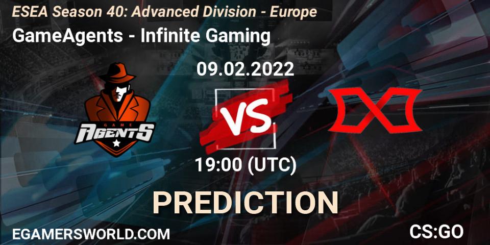 Pronósticos GameAgents - Infinite Gaming. 09.02.2022 at 19:00. ESEA Season 40: Advanced Division - Europe - Counter-Strike (CS2)