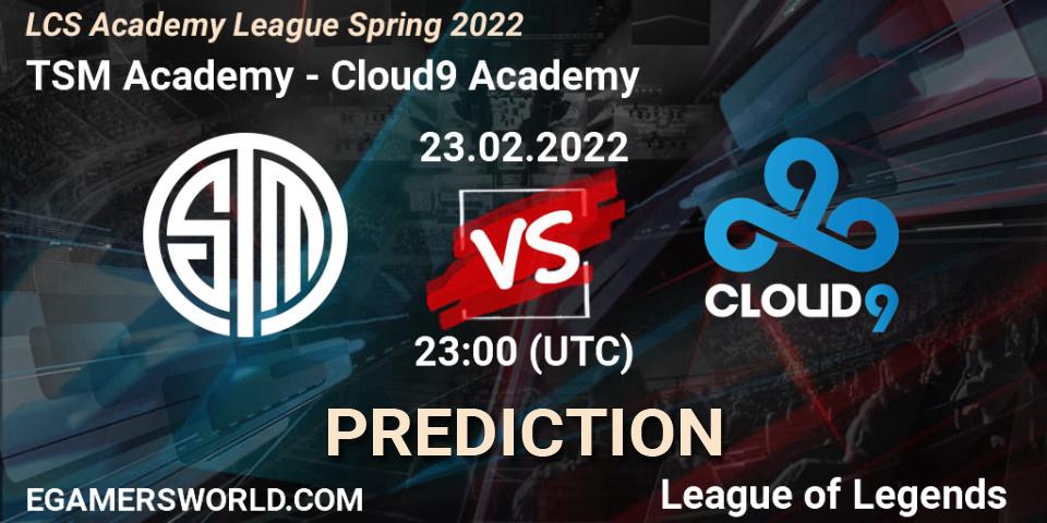 Pronósticos TSM Academy - Cloud9 Academy. 23.02.2022 at 23:00. LCS Academy League Spring 2022 - LoL