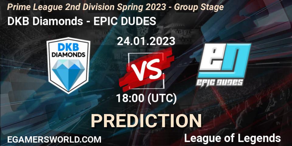 Pronósticos DKB Diamonds - EPIC DUDES. 24.01.2023 at 18:00. Prime League 2nd Division Spring 2023 - Group Stage - LoL