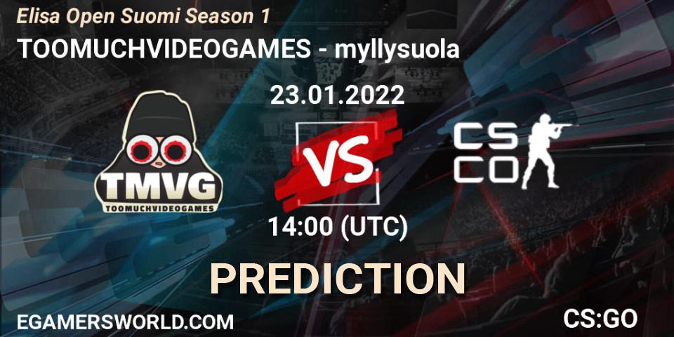 Pronósticos TOOMUCHVIDEOGAMES - myllysuola. 23.01.2022 at 14:00. Elisa Open Suomi Season 1 - Counter-Strike (CS2)