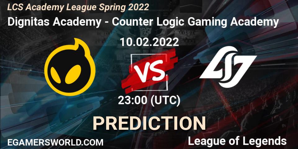 Pronósticos Dignitas Academy - Counter Logic Gaming Academy. 10.02.2022 at 23:00. LCS Academy League Spring 2022 - LoL
