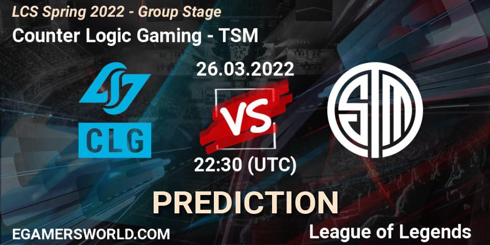 Pronósticos Counter Logic Gaming - TSM. 26.03.22. LCS Spring 2022 - Group Stage - LoL