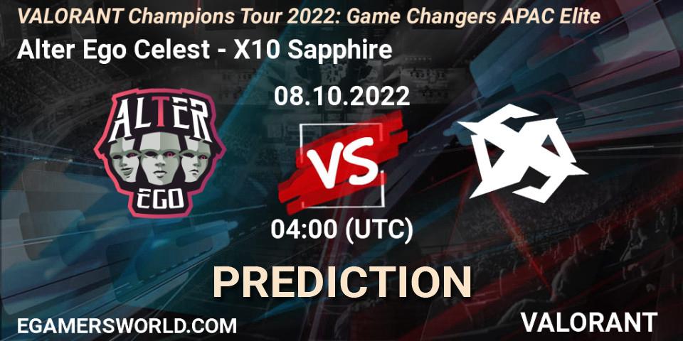 Pronósticos Alter Ego Celestè - X10 Sapphire. 08.10.2022 at 04:00. VCT 2022: Game Changers APAC Elite - VALORANT