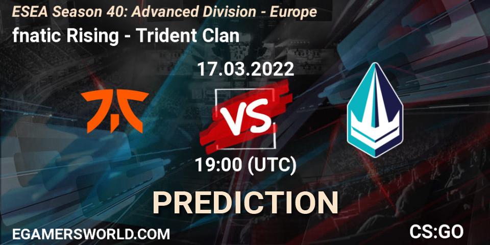 Pronósticos fnatic Rising - Trident Clan. 17.03.2022 at 19:00. ESEA Season 40: Advanced Division - Europe - Counter-Strike (CS2)