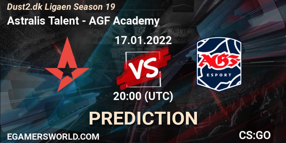 Pronósticos Astralis Talent - AGF Academy. 17.01.2022 at 20:00. Dust2.dk Ligaen Season 19 - Counter-Strike (CS2)