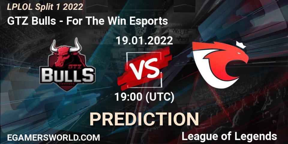 Pronósticos GTZ Bulls - For The Win Esports. 19.01.2022 at 19:00. LPLOL Split 1 2022 - LoL