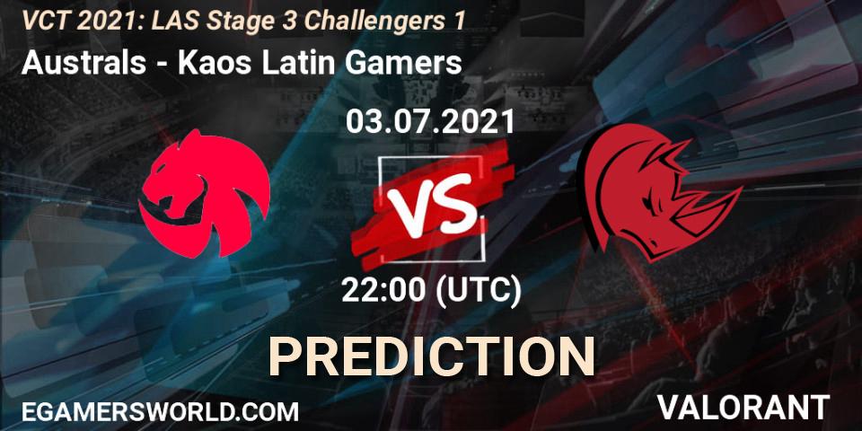 Pronósticos Australs - Kaos Latin Gamers. 03.07.2021 at 19:00. VCT 2021: LAS Stage 3 Challengers 1 - VALORANT