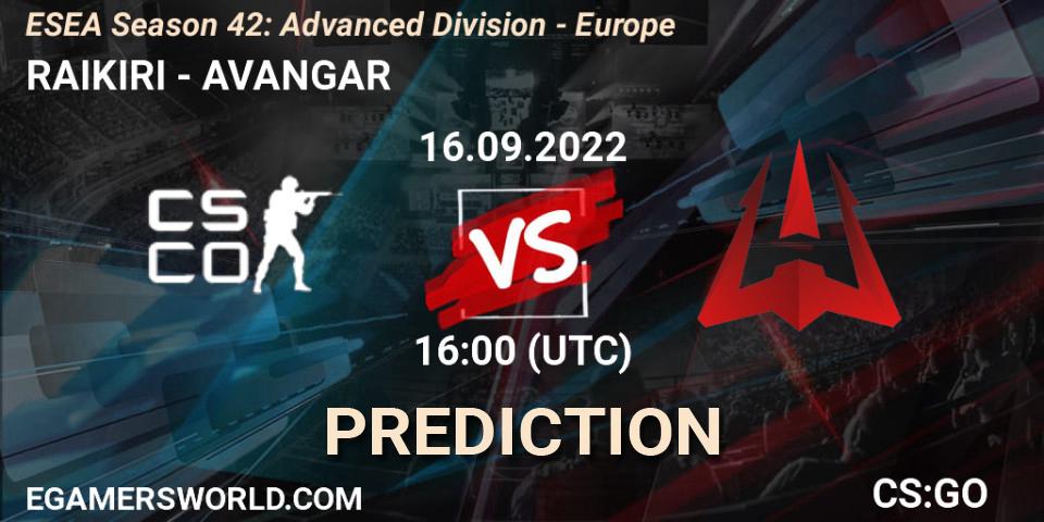 Pronósticos RAIKIRI - AVANGAR. 16.09.2022 at 16:00. ESEA Season 42: Advanced Division - Europe - Counter-Strike (CS2)