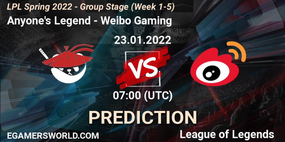 Pronósticos Anyone's Legend - Weibo Gaming. 23.01.22. LPL Spring 2022 - Group Stage (Week 1-5) - LoL