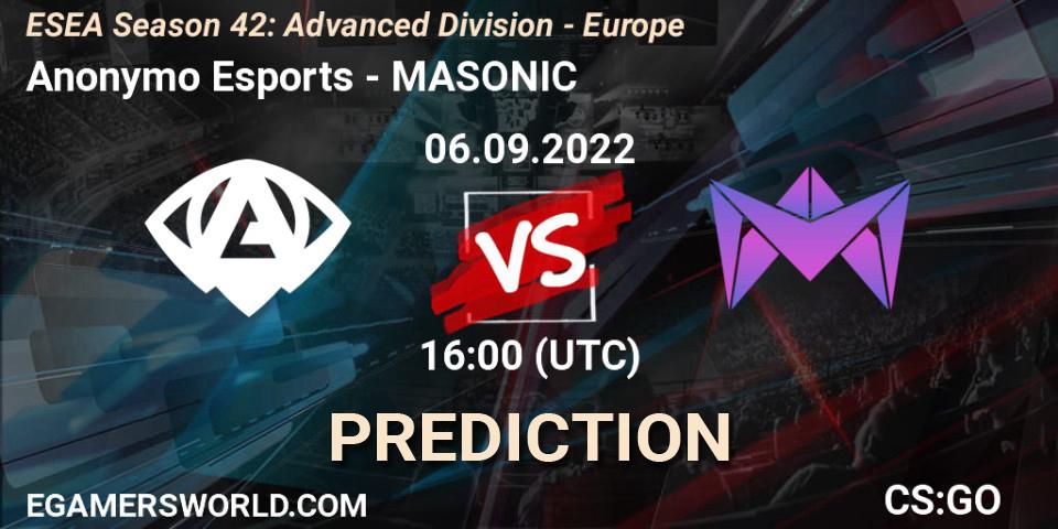 Pronósticos Anonymo Esports - MASONIC. 06.09.2022 at 16:00. ESEA Season 42: Advanced Division - Europe - Counter-Strike (CS2)