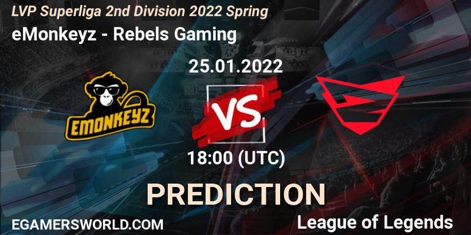Pronósticos eMonkeyz - Rebels Gaming. 26.01.2022 at 18:00. LVP Superliga 2nd Division 2022 Spring - LoL
