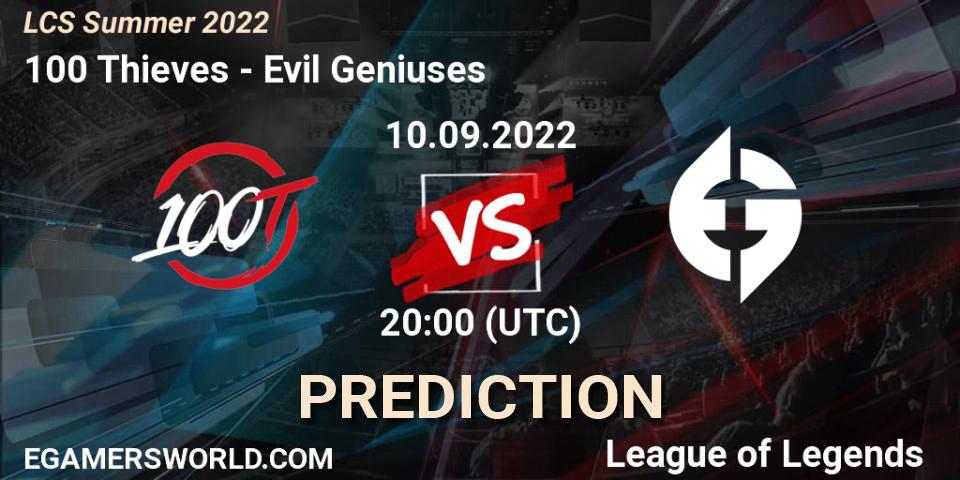 Pronósticos 100 Thieves - Evil Geniuses. 10.09.2022 at 20:00. LCS Summer 2022 - LoL