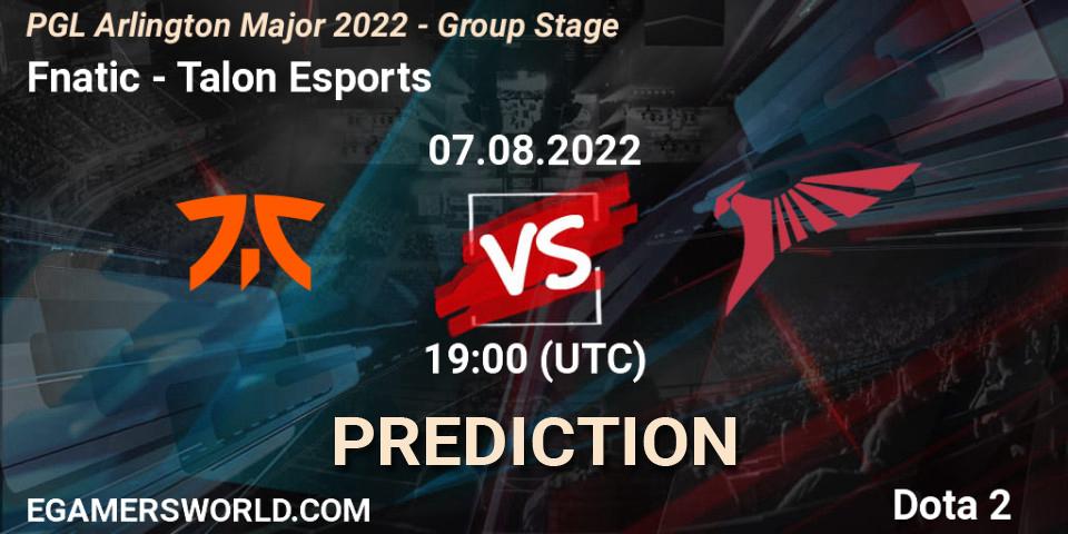 Pronósticos Fnatic - Talon Esports. 07.08.2022 at 19:34. PGL Arlington Major 2022 - Group Stage - Dota 2