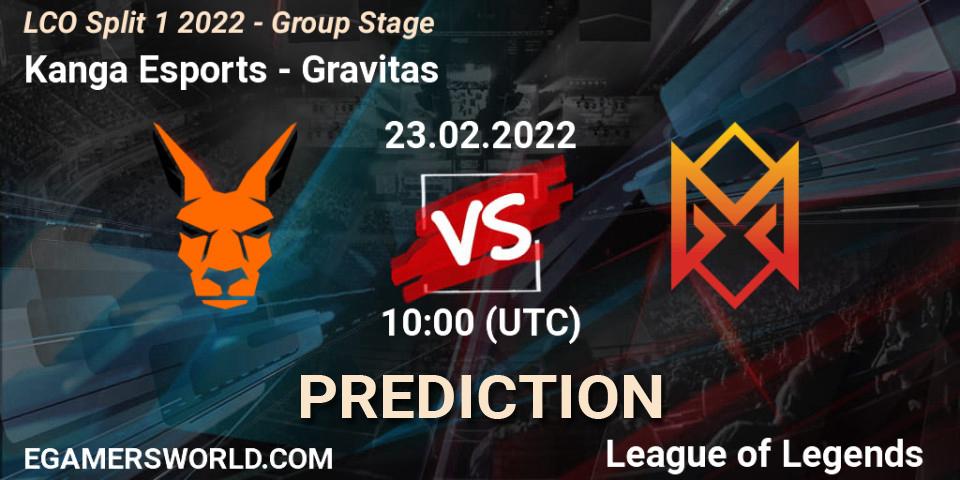 Pronósticos Kanga Esports - Gravitas. 23.02.2022 at 10:30. LCO Split 1 2022 - Group Stage - LoL