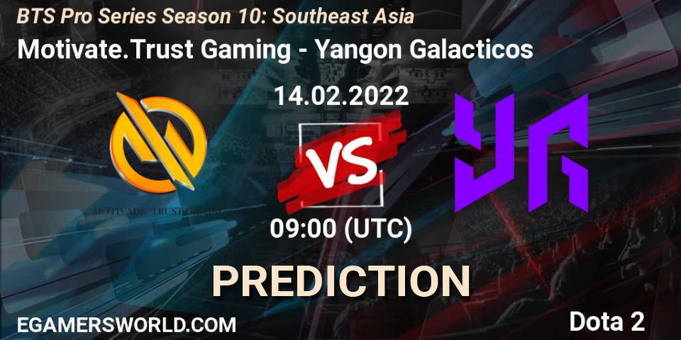 Pronósticos Motivate.Trust Gaming - Yangon Galacticos. 14.02.2022 at 09:06. BTS Pro Series Season 10: Southeast Asia - Dota 2