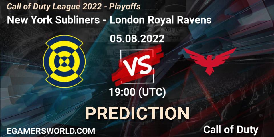 Pronósticos New York Subliners - London Royal Ravens. 05.08.2022 at 19:00. Call of Duty League 2022 - Playoffs - Call of Duty