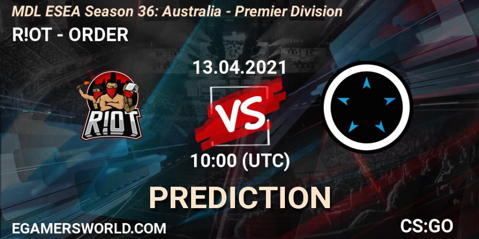 Pronósticos R!OT - ORDER. 13.04.2021 at 10:00. MDL ESEA Season 36: Australia - Premier Division - Counter-Strike (CS2)