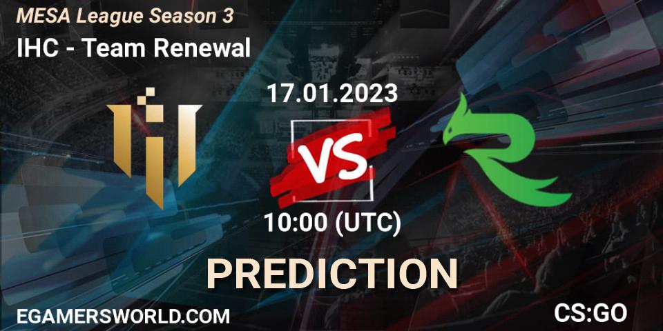 Pronósticos IHC - Team Renewal. 21.01.2023 at 03:00. MESA League Season 3 - Counter-Strike (CS2)