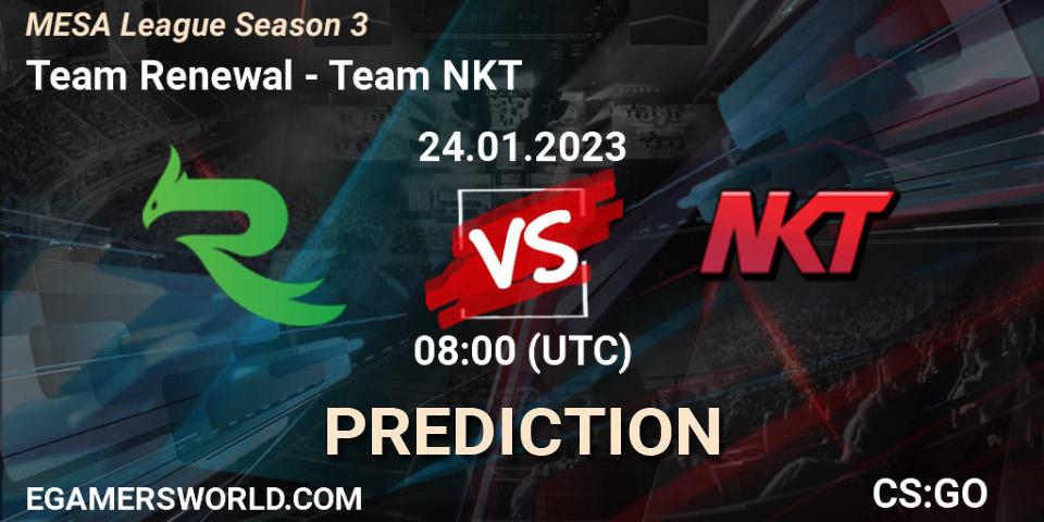 Pronósticos Team Renewal - Team NKT. 25.01.2023 at 06:30. MESA League Season 3 - Counter-Strike (CS2)