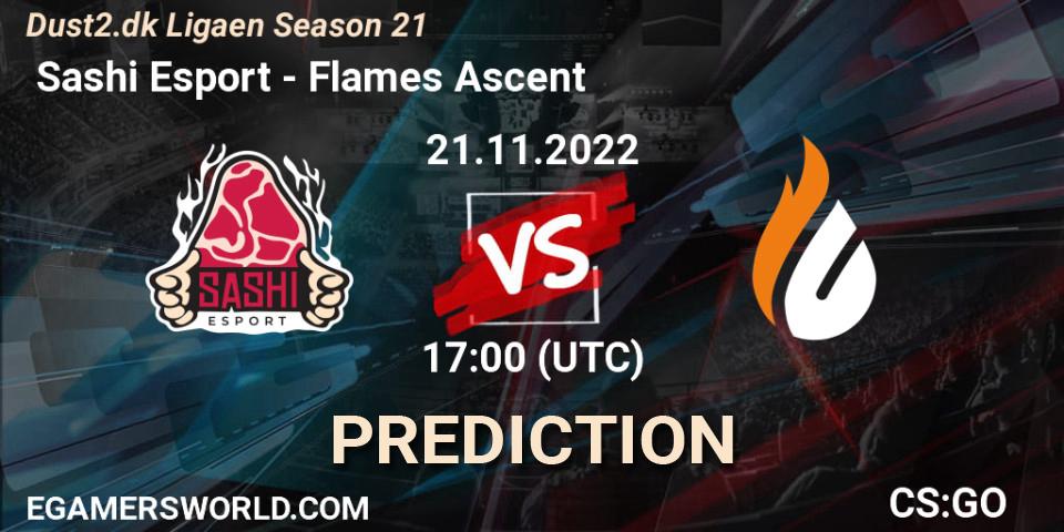 Pronósticos Sashi Esport - Flames Ascent. 21.11.2022 at 17:00. Dust2.dk Ligaen Season 21 - Counter-Strike (CS2)