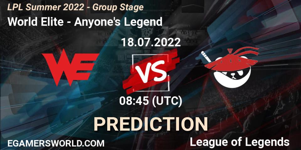 Pronósticos World Elite - Anyone's Legend. 18.07.2022 at 09:00. LPL Summer 2022 - Group Stage - LoL