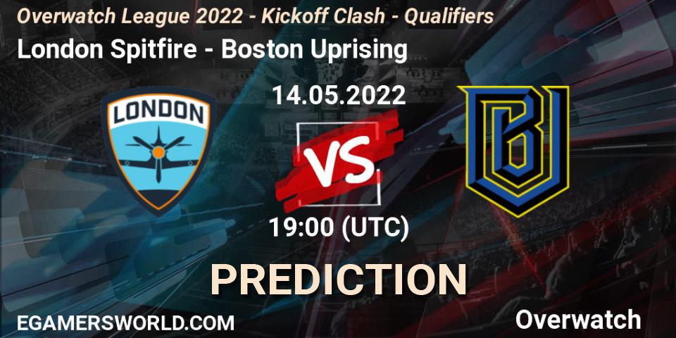 Pronósticos London Spitfire - Boston Uprising. 14.05.2022 at 19:00. Overwatch League 2022 - Kickoff Clash - Qualifiers - Overwatch