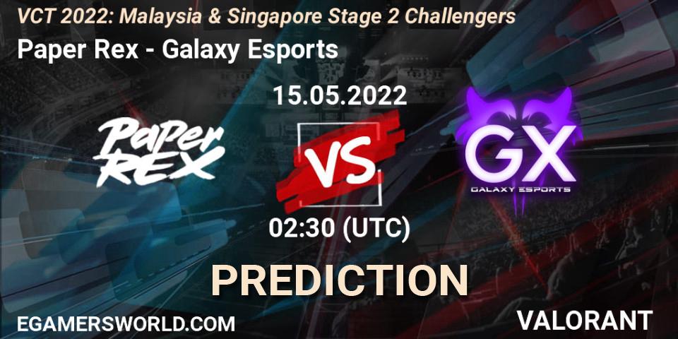 Pronósticos Paper Rex - Galaxy Esports. 15.05.2022 at 02:30. VCT 2022: Malaysia & Singapore Stage 2 Challengers - VALORANT